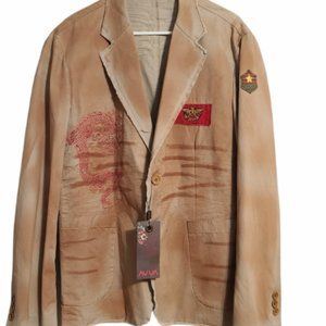 AVVA Men Distressed Look Embroidered Dragon Cotton Casual Jacket Brown/Khaki XL